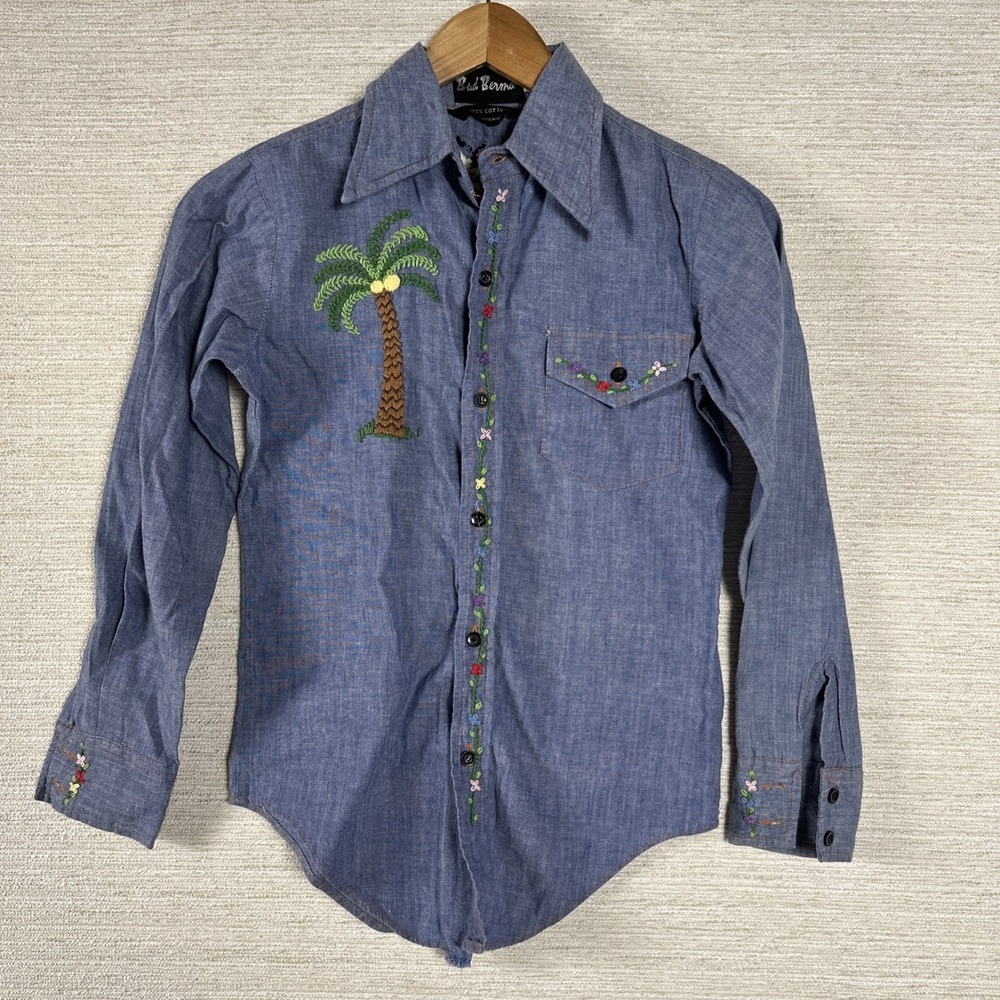 Vintage Girls Chambray Embroidered Western Shirt Palm Tree Bee Hong Kong Folk